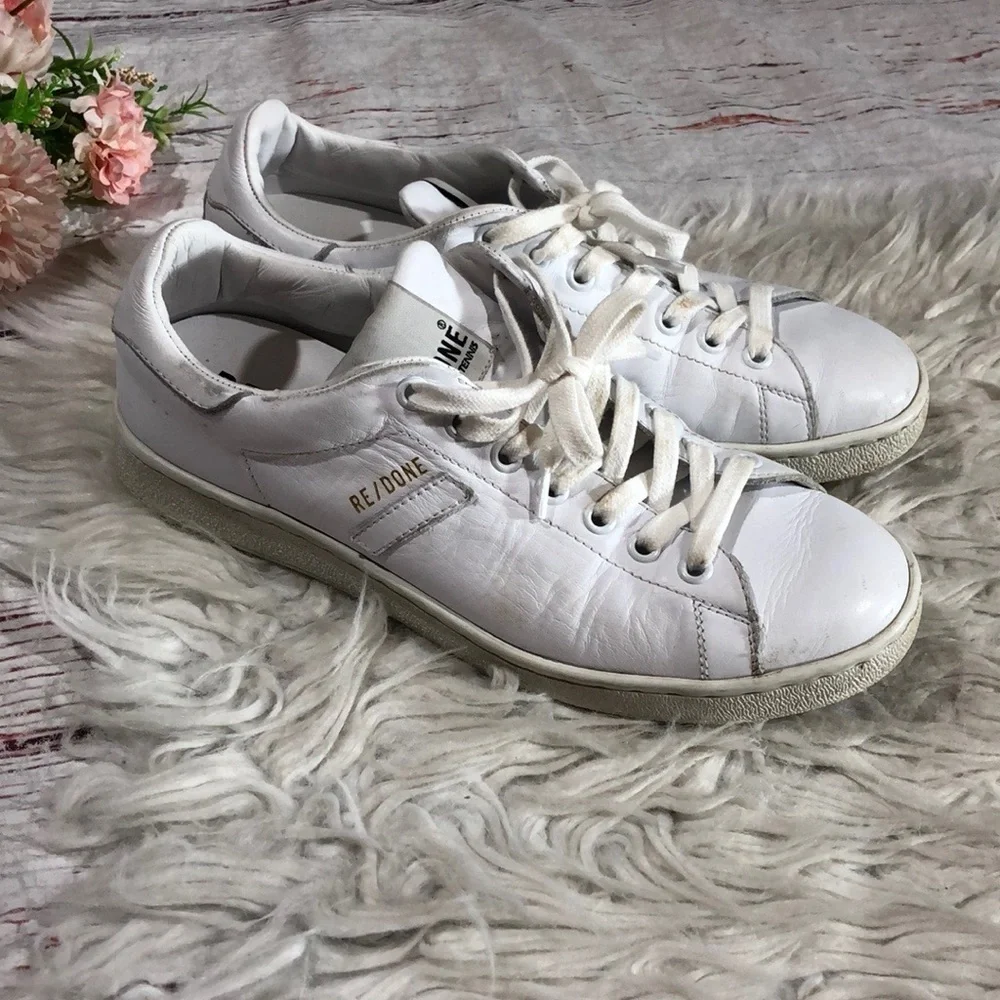 Re/done 70s Leather Tennis White Ankle Sneakers